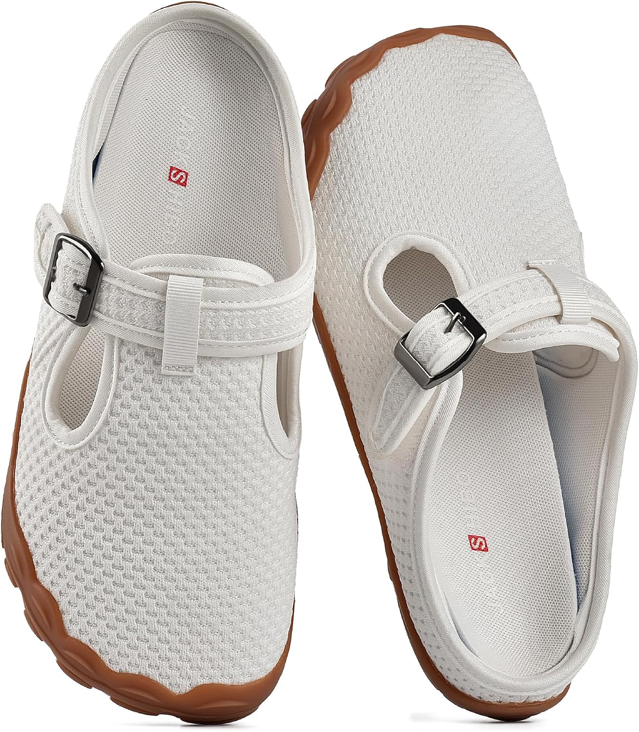 JACKSHIBO Women's Mesh Mule Clogs Wide Toe Box Arch Support Slippers Slip on White