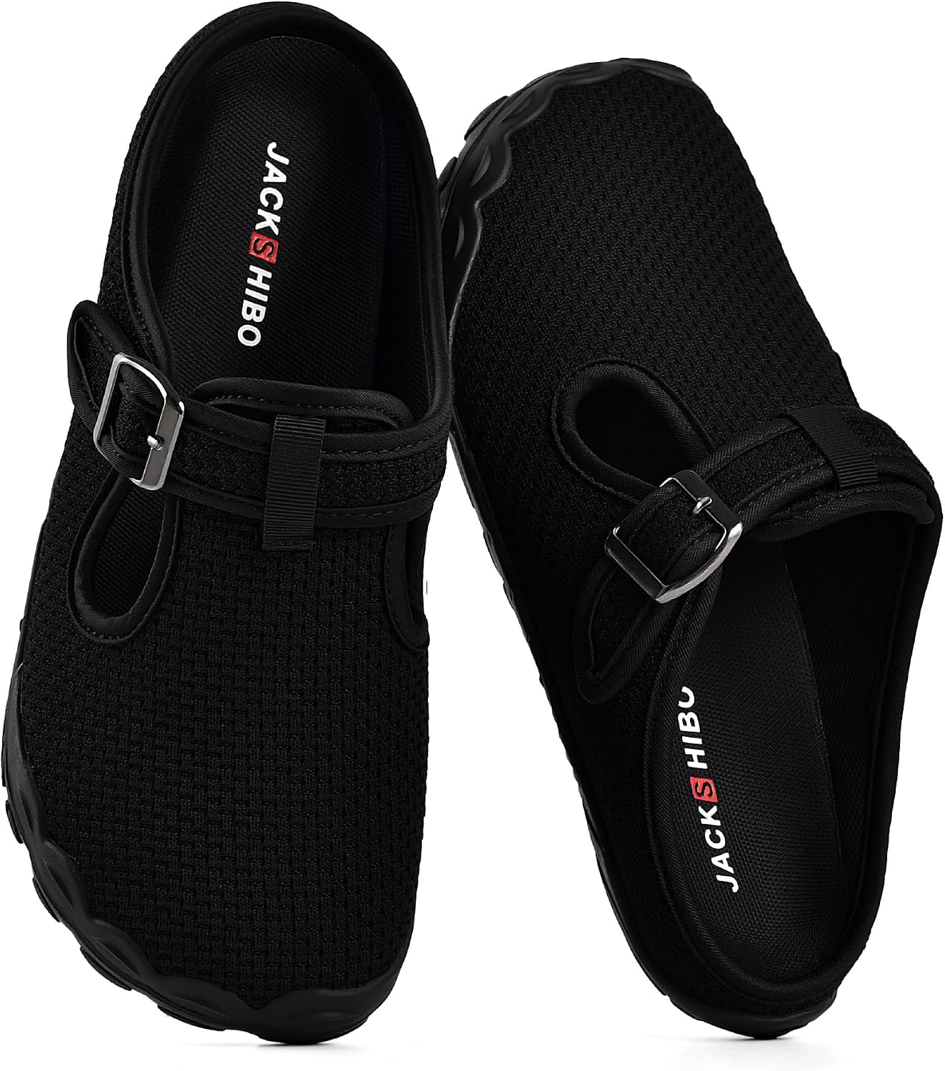 JACKSHIBO Women's Mesh Mule Clogs Wide Toe Box Arch Support Slippers Slip on Black